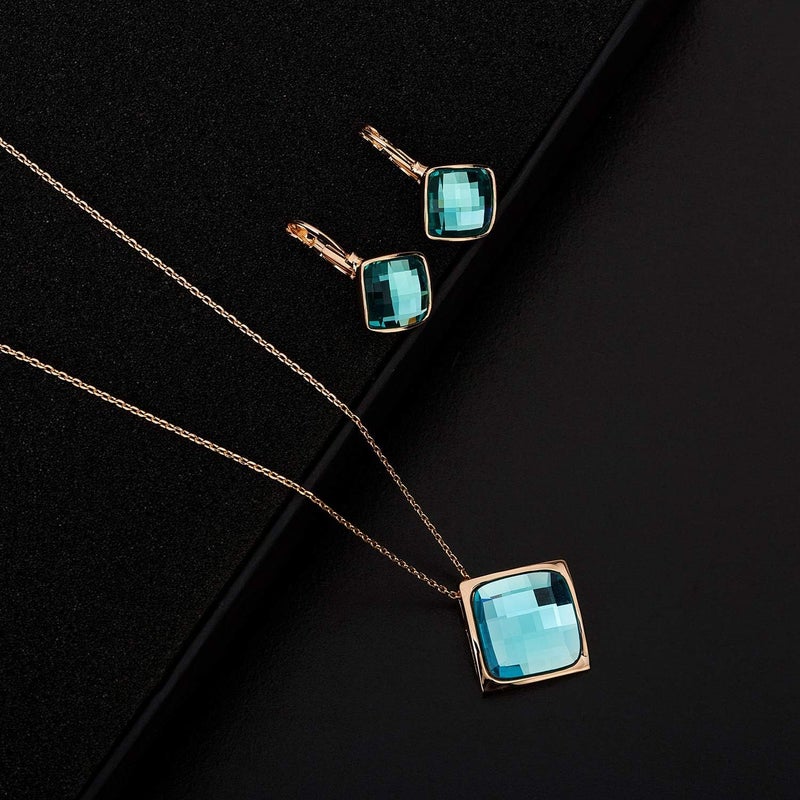 EVEVIC Square Austrian Crystal Necklace Earrings Set for Women 18K Gold Plated Jewelry Set (Teal Green) - Image 3